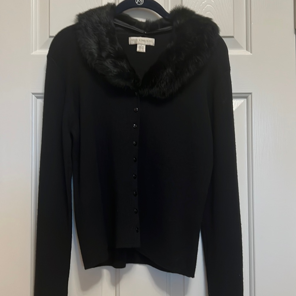 Petite Sophisticate rabbit fur collar button up sweater